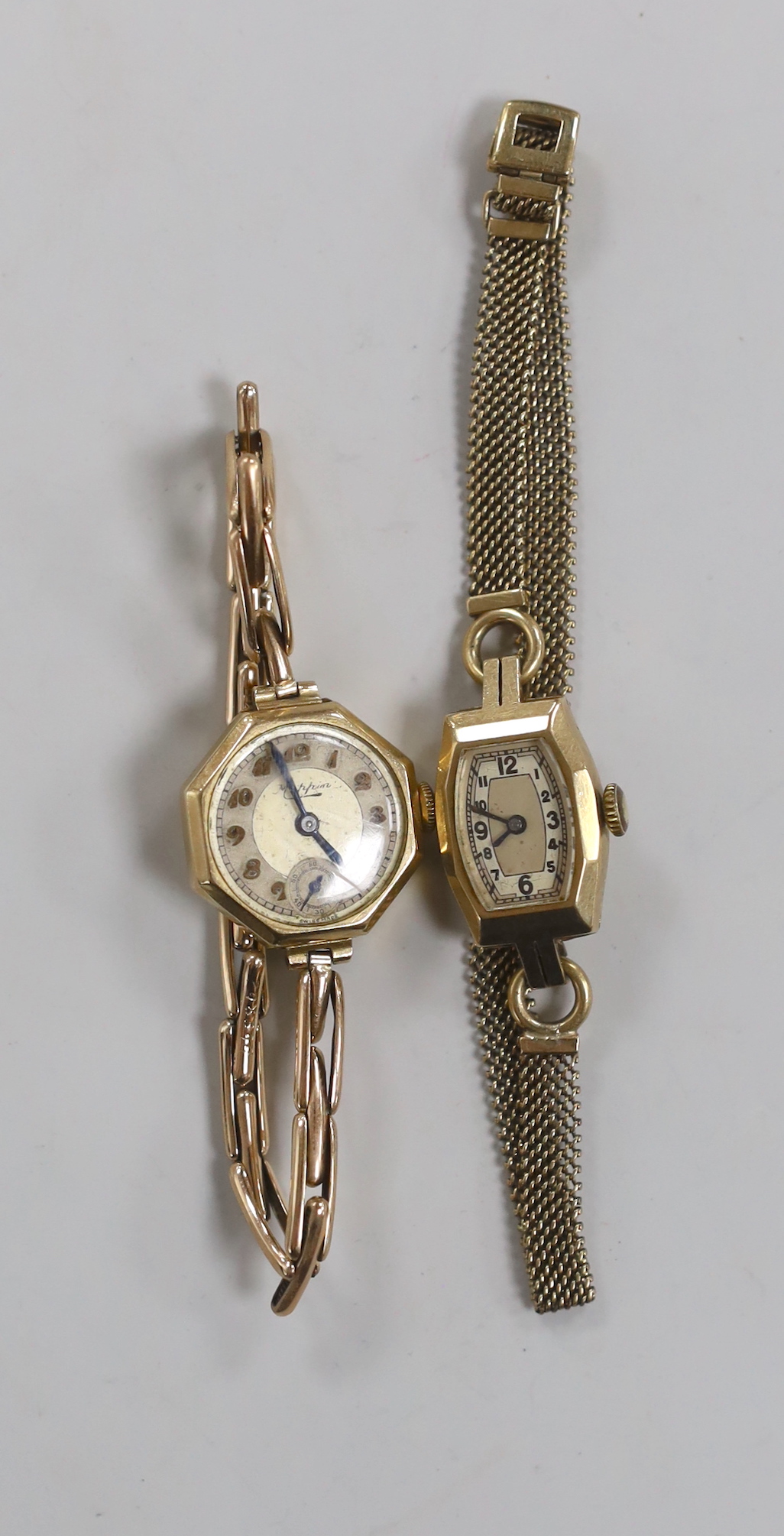 Two lady's 9ct manual wind wrist watches, one with 9ct gold bracelet, the other retailed by Mappin on an expanding yellow metal bracelet.